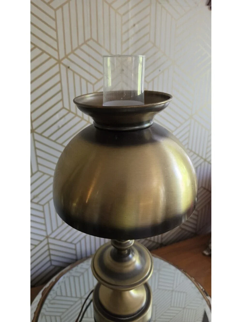 Vintage 3Pc Antiqued Brass Hurricane Parlor Table Lamp Glass Chimney- 3 Way GWTW